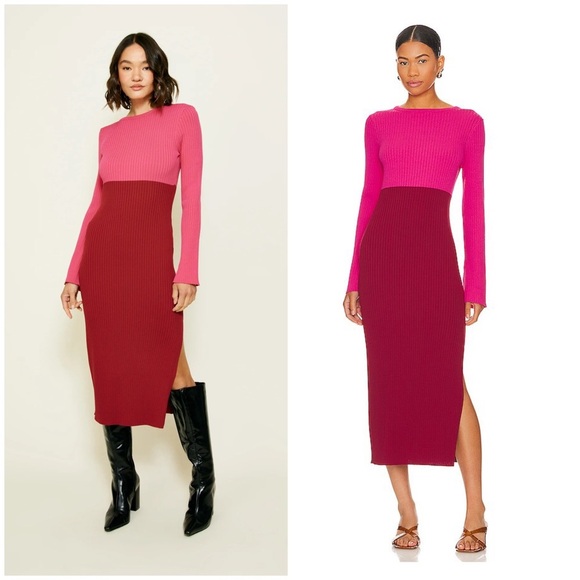 REVOLVE Line & Dot Frankie Colorblock Long Sleeve Midi Dress Sz M Pink/Burgundy - Picture 1 of 11